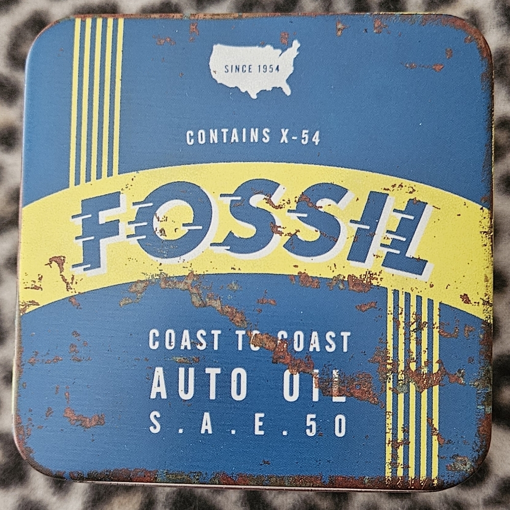 Fossil Blue and Yellow Faux Rust Metal Watch Tin, SBT0241 1/00, 2000 Y2K Vintage